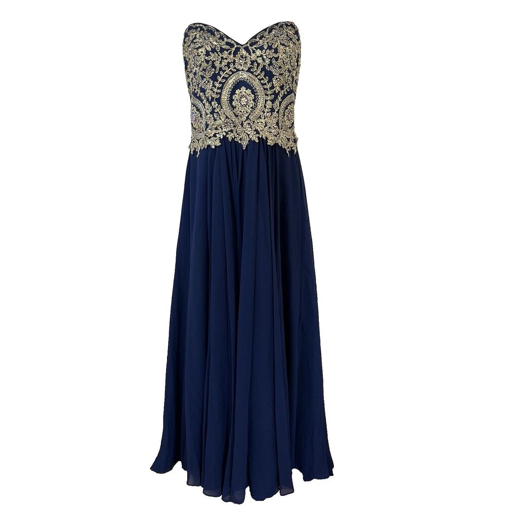 Camille La Vie Long Ballgown Prom Dress Lace Beaded Embroidered Navy Gold Sz 16